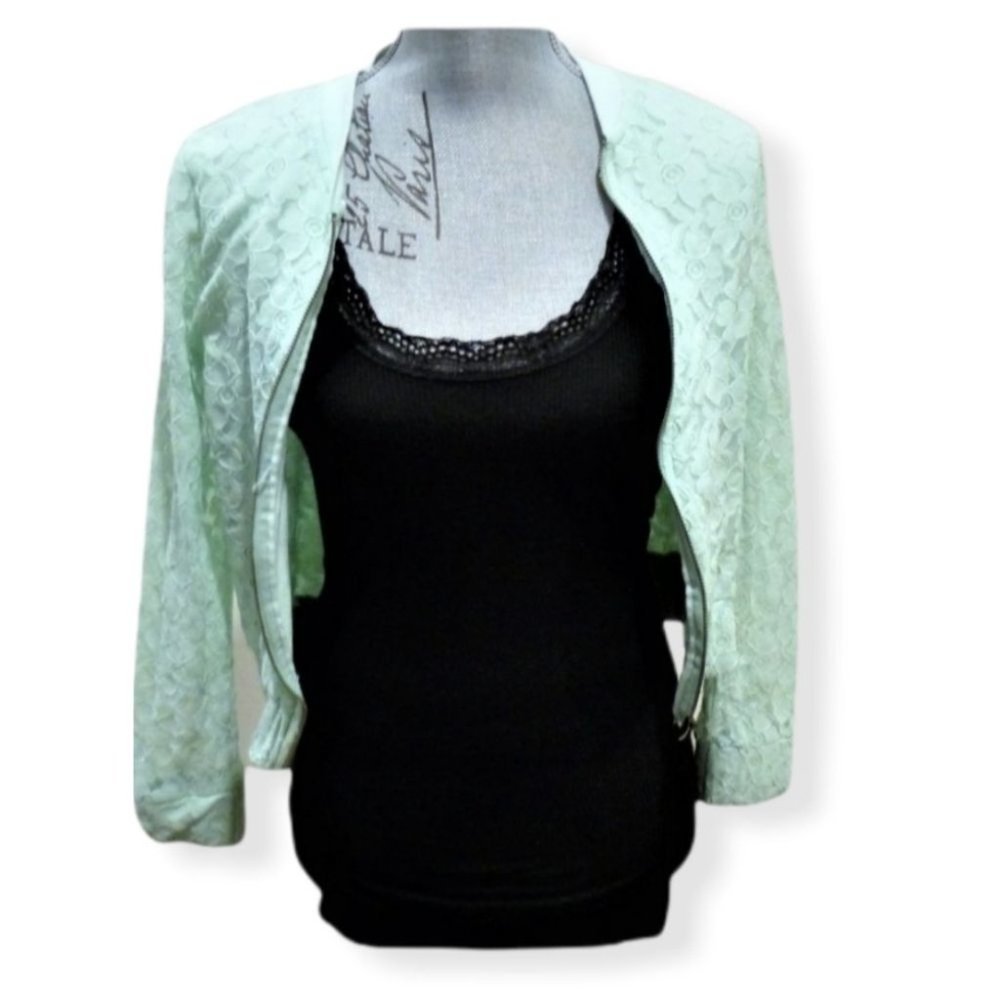 COQUELICOT Portugal Made Mint Green Lace and Cotton Zip Up Bomber Jacket Cardi